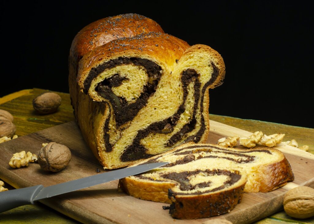 Beautiful shot of a marble cake with walnuts
